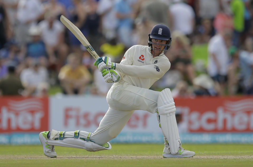 England's Keaton Jennings plays a shot during the third day of the first test cricket match between Sri Lanka and England in Galle, Sri Lanka, Thursday, Nov. 8, 2018. (AP Photo/Eranga Jayawardena)