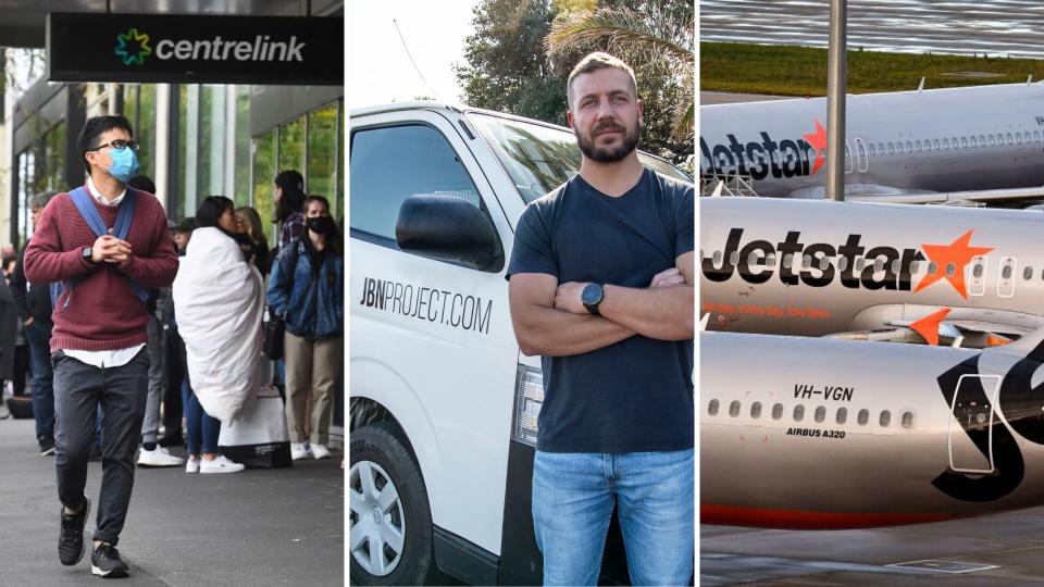 A man wearing a mask walking past a Centrelink queue on the left, a man standing in front of his van in the centre, and three Jetstar planes on the right.