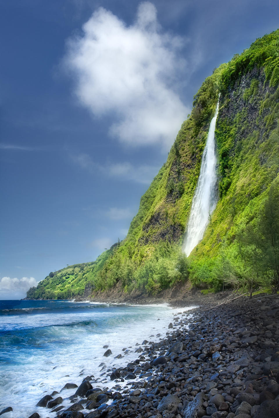 A waterfall against the ocean in Hawaii.