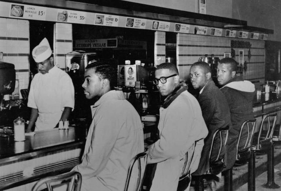 From left, Joe McNeil, Franklin McCain, Billy Smith and Clarence Henderson, N.C. A&T State University students, on the second day of a sit-in campaign in 1960 when they asked for service at a whites-only counter at an F.W. Woolworth store in Greensboro.