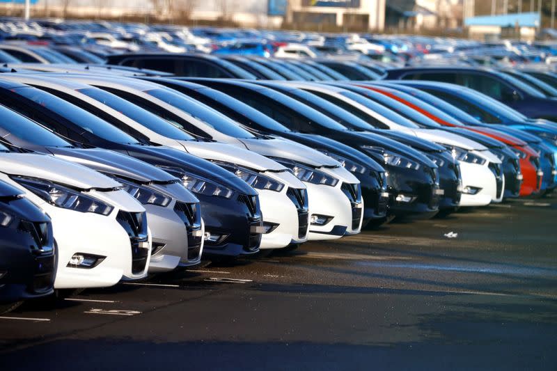 Cars made by Nissan are seen parked at the Nissan car plant in Sunderland