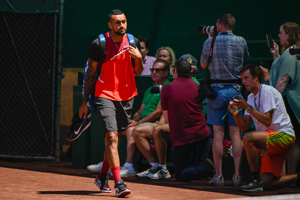 Seen here, Nick Kyrgios walking out for his semi-final in the US Clay Court Championships in Houston.