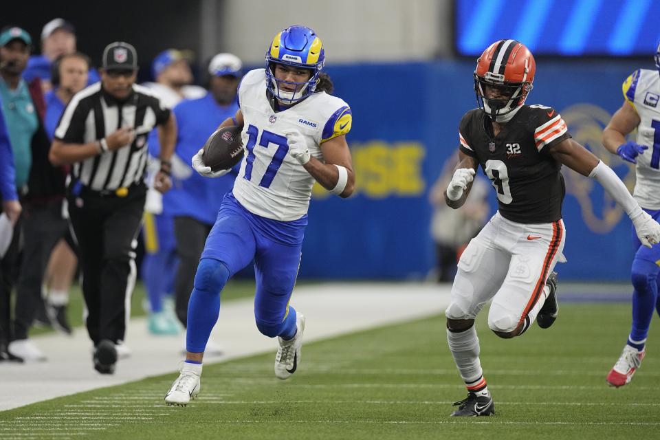 Los Angeles Rams wide receiver Puka Nacua runs after a catch during game against the Cleveland Browns Sunday, Dec. 3, 2023, in Inglewood, Calif. | Mark J. Terrill, Associated Press