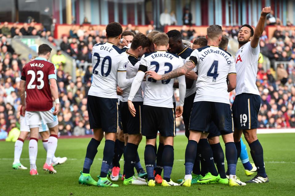Eric Dier of Tottenham Hotspur celebrates scoring his sides first goal with his Tottenham Hotspur team mates