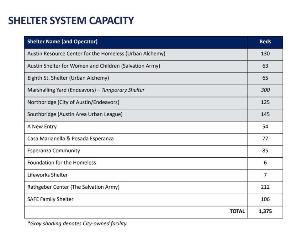 A chart presented Tuesday to the Austin City Council lists Austin's homeless shelter capacity.