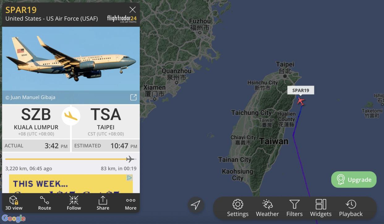 SPAR19 — possibly carrying House Speaker Nancy Pelosi — is seen on a Flightradar24 map.