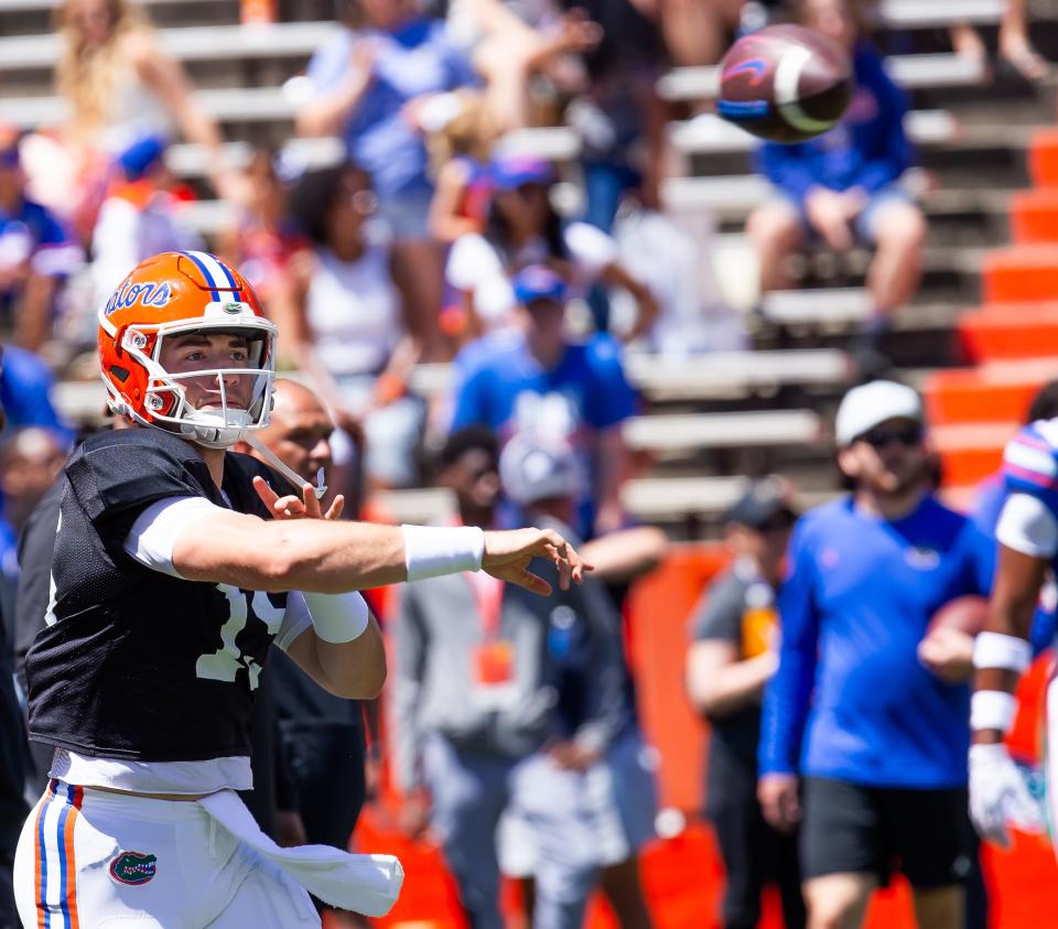 Florida Gators quarterback Graham Mertz (15) warms up before the Orange and Blue game at Ben Hill Griffin Stadium in Gainesville, FL on Saturday, April 13, 2024 [Doug Engle/Gainesville Sun]2024