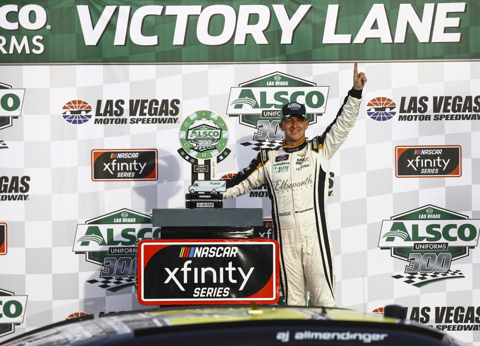 AJ Allmendinger celebrates after winning a NASCAR Xfinity Series auto race at Las Vegas Motor Speedway, Saturday, March 6, 2021. (Chase Stevens/Las Vegas Review-Journal via AP)