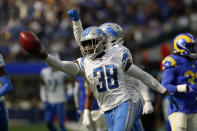 FILE - Detroit Lions defensive back C.J. Moore (38), on special teams, reacts after running out of bounds on a fake punt during the second half of an NFL football game against the Los Angeles Rams Sunday, Oct. 24, 2021, in Inglewood, Calif. The NFL has suspended five players for violating the league’s gambling policy on Friday, April 21, 2023. Detroit Lions wide receiver Quintez Cephus and safety C.J. Moore and Washington Commanders defensive end Shaka Toney were suspended indefinitely, while Lions wide receivers Stanley Berryhill and Jameson Williams have been suspended six games. (AP Photo/Marcio Jose Sanchez, File)