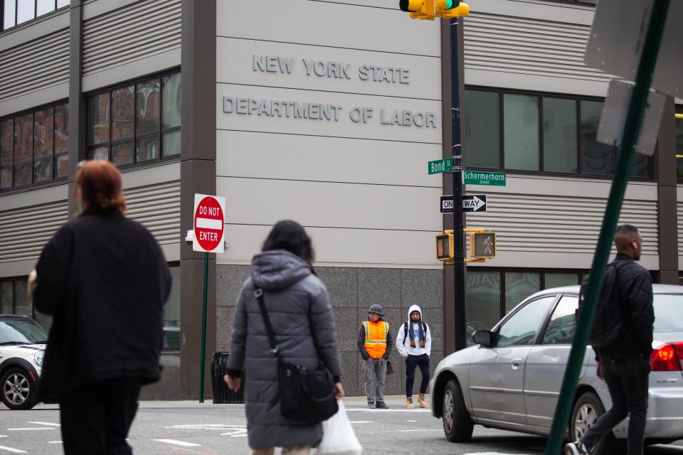 NEW YORK, Jan. 8, 2021 -- Pedestrians pass in front of the New York State Department of Labor building, in New York, United States, Jan. 8, 2021. U.S. employers slashed 140,000 jobs in December, the first monthly decline since April 2020, as the recent COVID-19 spikes disrupted labor market recovery, the Labor Department reported Friday. 
The unemployment rate, which has been trending down over the past seven months, remained unchanged at 6.7 percent, according to the monthly employment report. (Photo by Michael Nagle/Xinhua via Getty) (Xinhua/Michael Nagle via Getty Images)