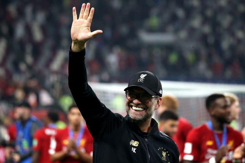 DOHA, QATAR - DECEMBER 21: Juergen Klopp, Head Coach of Liverpool celebrates after the FIFA Club World Cup Final Match between Liverpool FC and CR Flamengo at Khalifa International Stadium on December 21, 2019 in Doha, Qatar. (Photo by MB Media/Getty Images)