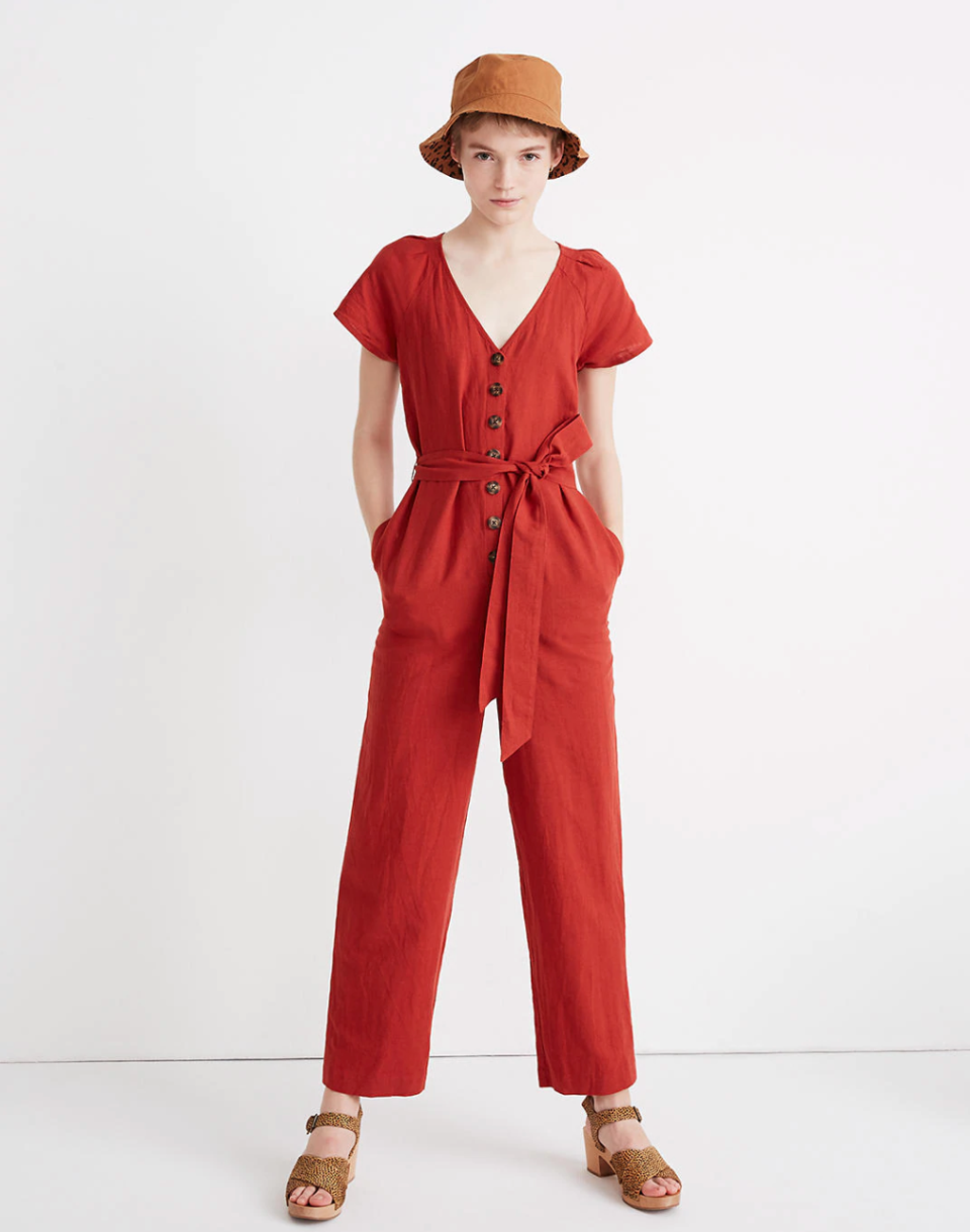 <p><strong>Madewell</strong></p><p>madewell.com</p><p><a href="https://go.redirectingat.com?id=74968X1596630&url=https%3A%2F%2Fwww.madewell.com%2Flinen-cotton-pleat-sleeve-jumpsuit-AL319.html&sref=https%3A%2F%2Fwww.elle.com%2Ffashion%2Fshopping%2Fg33605244%2Fmadewell-secret-stock-sale%2F" rel="nofollow noopener" target="_blank" data-ylk="slk:SHOP IT;elm:context_link;itc:0;sec:content-canvas" class="link ">SHOP IT </a></p><p><del>$135</del><strong><br>$49.97</strong></p><p>I've said it before and I'll say it again: A jumpsuit is the perfect cross between sweatpants and real clothes. Plus, this tomato red color will turn your WFH look into a <em>lewk.</em></p>