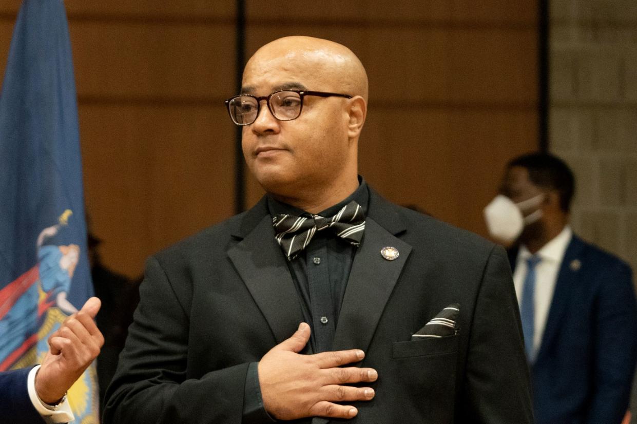 Mayor Eric Adams speaks about Eddie Gibbs before he swears him in at the Johnson Houses Community Center in Harlem Thursday, Feb. 10, 2022, in Manhattan, New York. (Barry Williams)