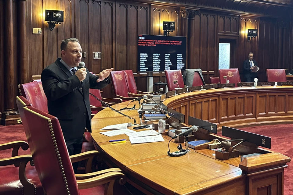 Republican state Sen. Rob Sampson debates a bill at the Connecticut State Capitol, Tuesday, Sept. 26, 2023, in Hartford, Conn., on funding an election monitor for the city of Bridgeport. Sampson contends the General Assembly needs to take additional steps to protect the state's elections.(AP Photo/Susan Haigh)