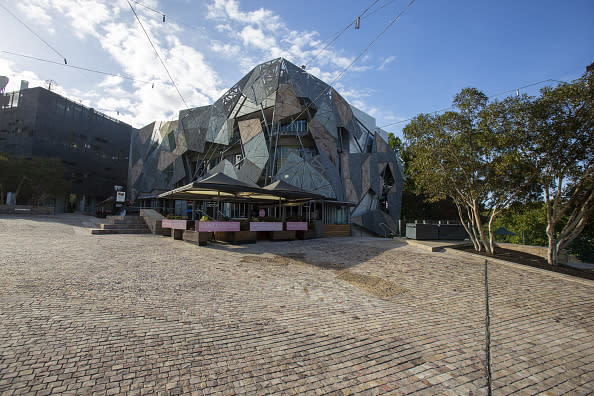 A deserted Federation Square in the heart of the city in Melbourne.