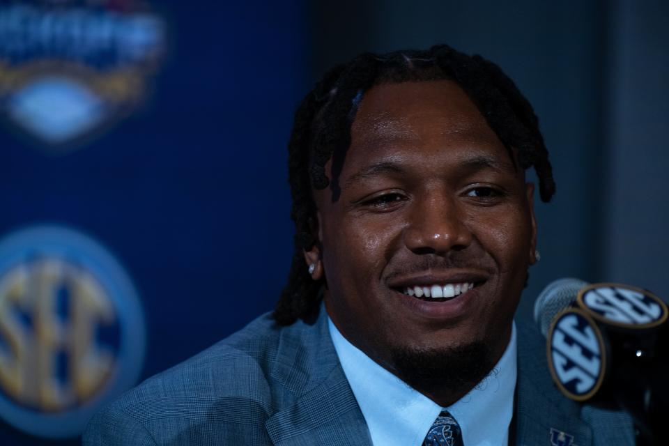 Kentucky's J.J. Weaver fields questions at the 2023 SEC Football Kickoff Media Days at the Nashville Grand Hyatt on Broadway, Wednesday, July 19, 2023.