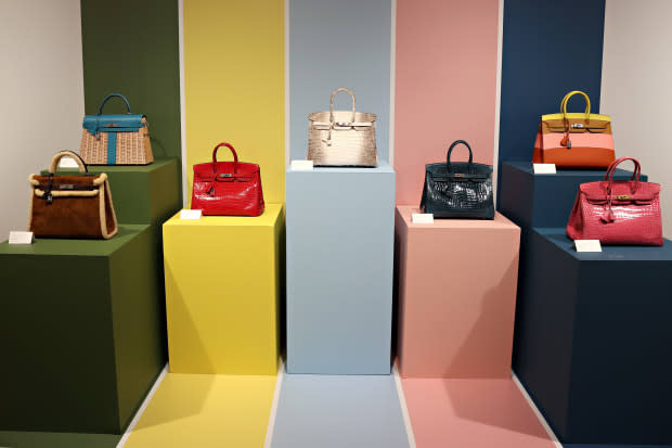 <p>Hermès Birkin bags up for auction. Photo: Cindy Ord/Getty Images</p>