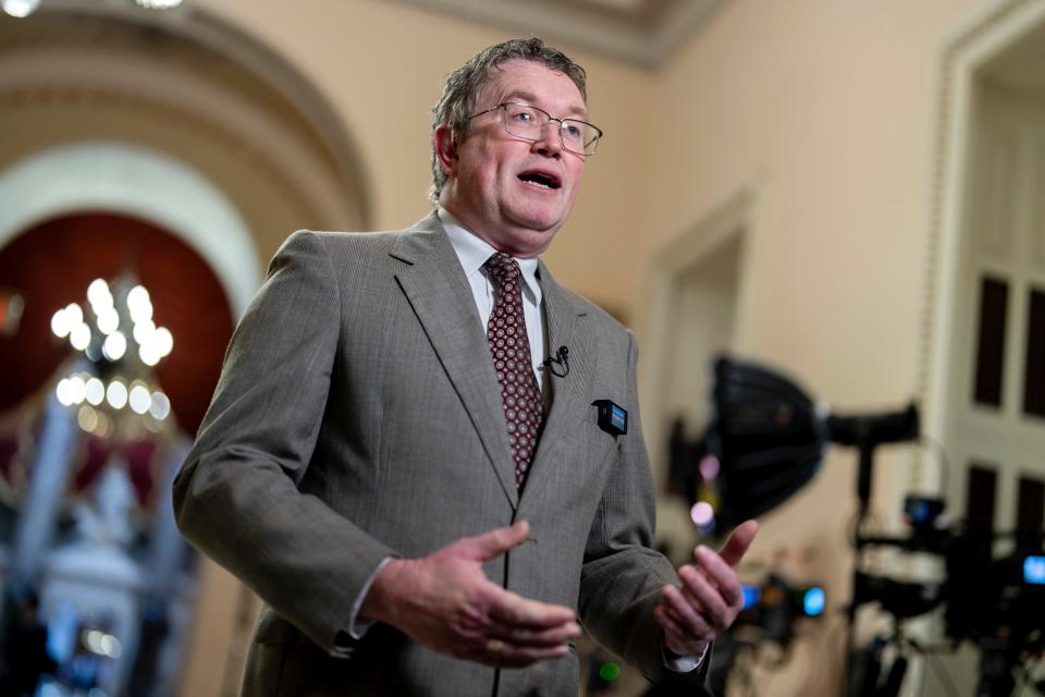 Rep. Thomas Massie, R-Ky., speaks during a TV news interview at the Capitol in Washington, Friday, Jan. 12, 2024.