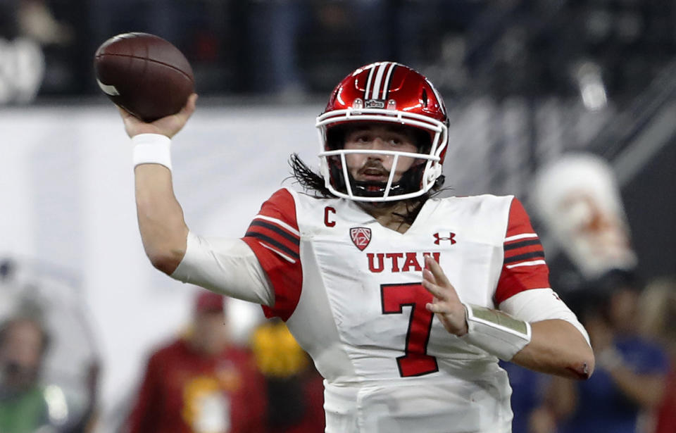 Utah quarterback Cameron Rising throws a pass against Southern California during the second half of the Pac-12 Conference championship NCAA college football game Friday, Dec. 2, 2022, in Las Vegas. (AP Photo/Steve Marcus)