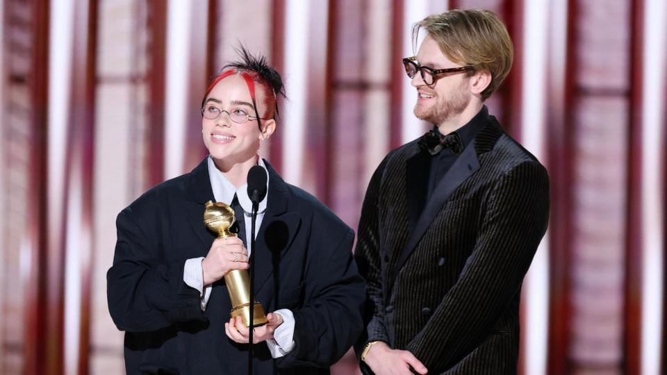 PHOTO: Billie Eillish and Finneas accepts the award for Best Original Song  Motion Picture for 'What Was I Made For?'  Barbie Music & Lyrics at the 81st Golden Globe Awards held at the Beverly Hilton Hotel on Jan. 7, 2024 in Beverly Hills. (Rich Polk/Getty Images)