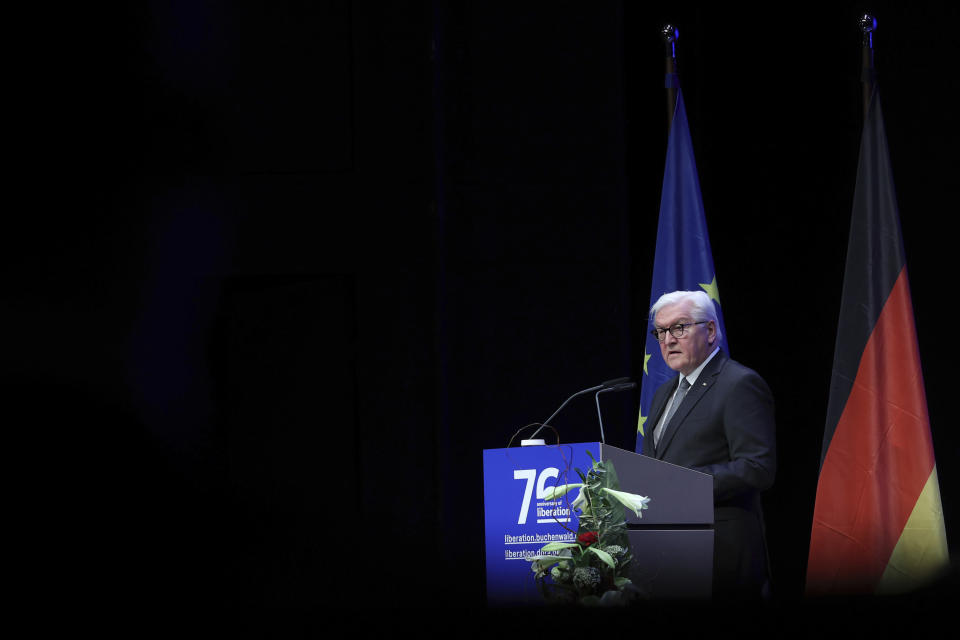 German President Frank-Walter Steinmeiner delivers a speech during an event in Weimar, Germany, April 11, 2021 commemorating the liberation of the Buchenwald and Mittelbau-Dora concentration camps. On the 76th anniversary the liberation of the Buchenwald concentration camp, Germany’s president reminds his compatriots of the inconceivable atrocities that were committed at the Nazis’ camp during the Third Reich. (Ronny Hartmann/Pool Photo via AP)