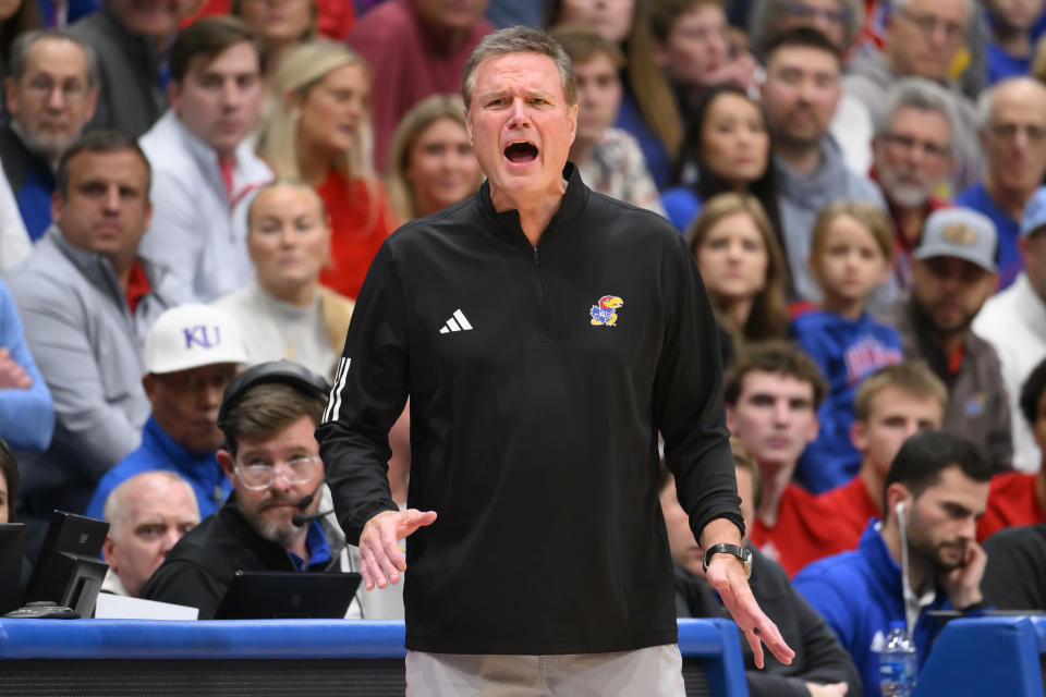 Kansas coach Bill Self yells to the team during the first half of an NCAA college basketball game against Kansas City in Lawrence, Kan., Tuesday, Dec. 5, 2023. (AP Photo/Reed Hoffmann)