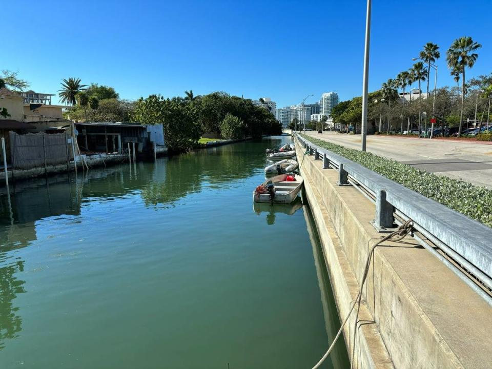 Dinghies are tied to the public seawall near a dock on Dade Boulevard on Tuesday, Dec. 19, 2023.