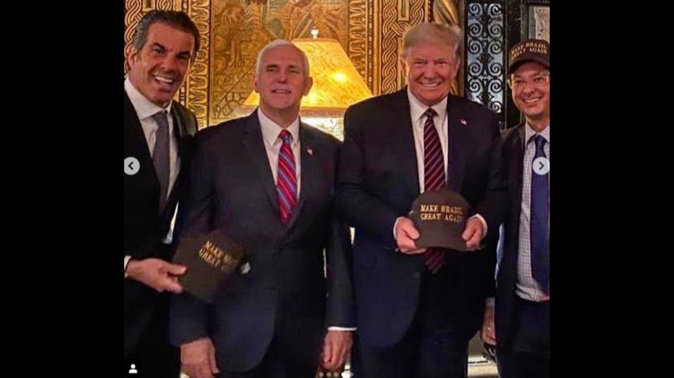 From left to right at Mar-a-Lago: Alvaro Garnero, Vice President Mike Pence, President Donald Trump and Bolsonaro press secretary Fabio Wajngarten.