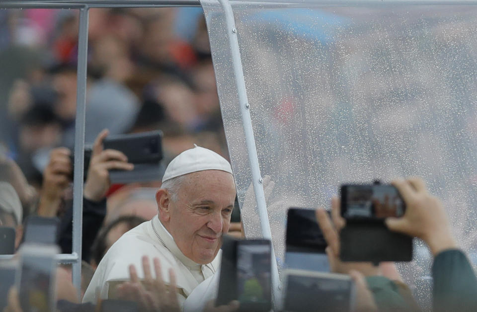 Pope Francis arrives to celebrate Mass at the Marian shrine, in Sumuleu Ciuc, Romania, Saturday, June 1, 2019. Francis began a three-day pilgrimage to Romania on Friday that in many ways is completing the 1999 trip by St. John Paul II that marked the first-ever papal visit to a majority Orthodox country. (AP Photo/Vadim Ghirda)