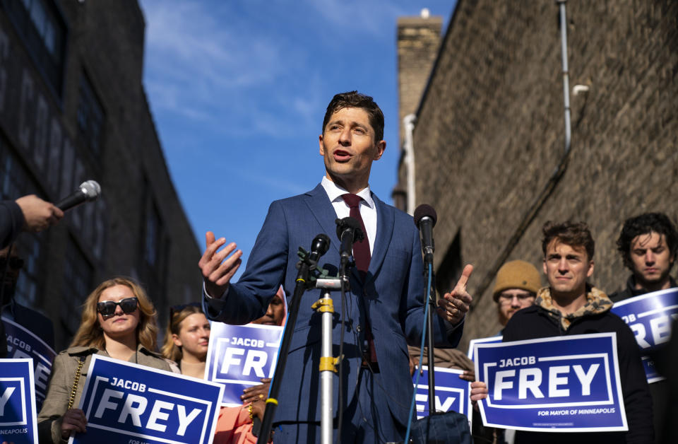 Incumbent Minneapolis Mayor Jacob Frey holds a news conference after being declared the winner of the 2021 election Wednesday, Nov. 3, 2021 outside Loring Corners in Minneapolis. (Alex Kormann/Star Tribune via AP)