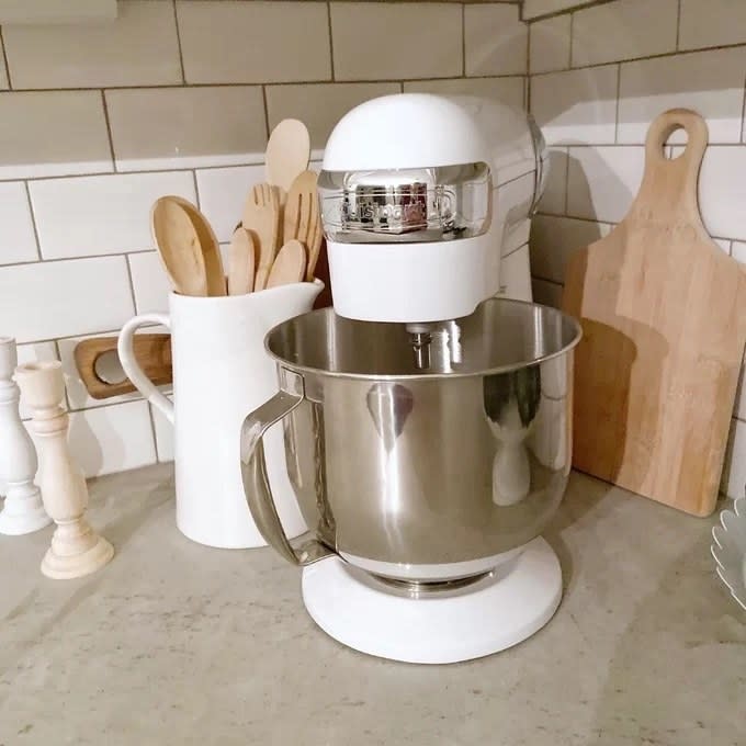 A white and silver mixer in a reviewer's kitchen