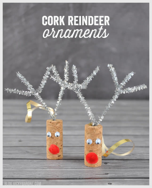 <p>Vicky Barone</p><p><em><a href="https://blog.vickybarone.com/2014/12/16/diy-cork-reindeer-ornaments/?ref=pcrorganicgglunkwn&prid=pcseogglunkwn" rel="nofollow noopener" target="_blank" data-ylk="slk:Vicky Barone;elm:context_link;itc:0;sec:content-canvas" class="link ">Vicky Barone</a></em> has tons of festive craft ideas, including this one using old corks. Your kids will want to make all of Santa’s helpers with them.</p>