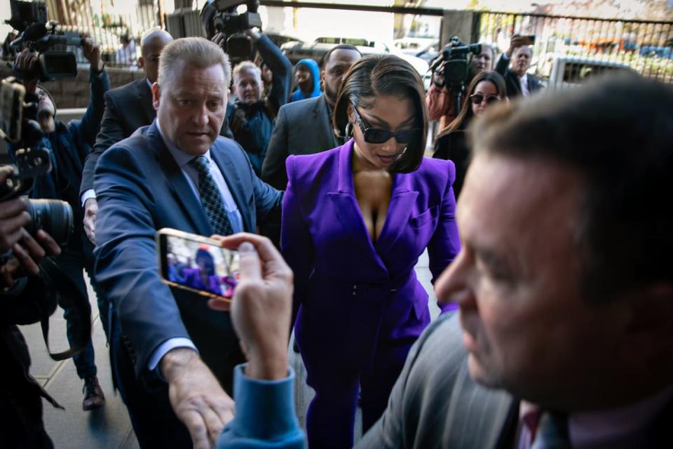 <div class="inline-image__caption"><p>Megan Thee Stallion arrives at court to testify in the trial of Rapper Tory Lanez for allegedly shooting her on Dec. 13, 2022 in Los Angeles, CA.</p></div> <div class="inline-image__credit">Jason Armond/Los Angeles Times via Getty Images</div>