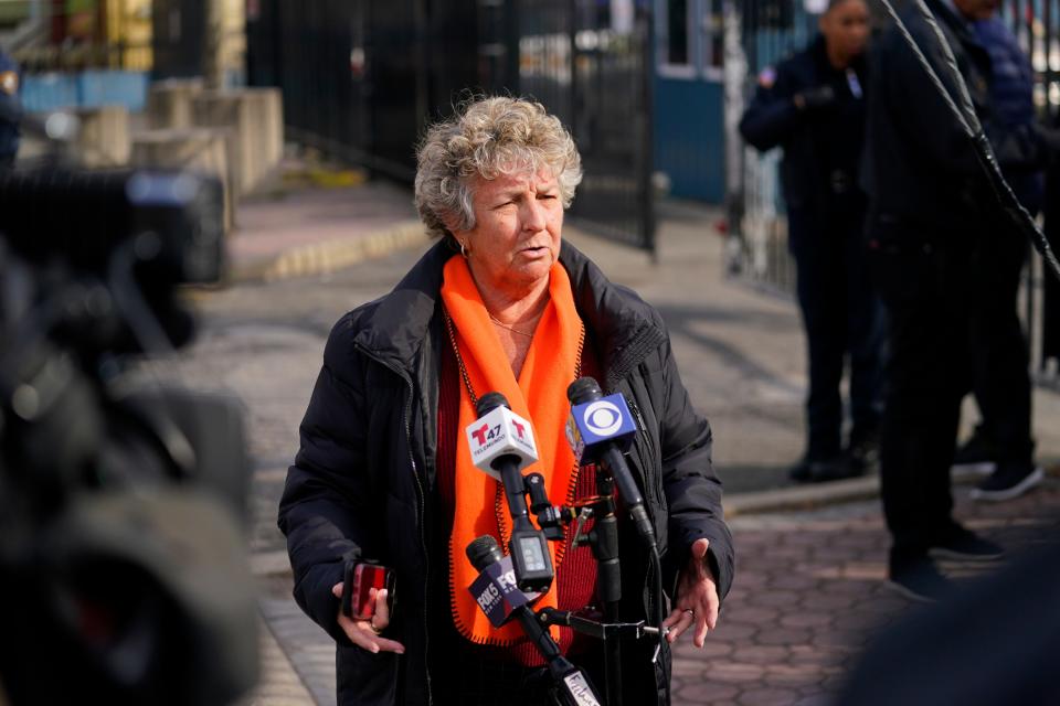 Eileen Shafer, superintendent of Paterson schools, speaks to reporters outside of Eastside High School on the first day of increased police presence on Monday, Feb. 27, 2023. A student was fatally stabbed during school dismissal on Feb. 17.