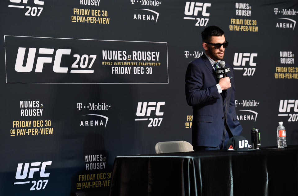 LAS VEGAS, NV - DECEMBER 30:  Dominick Cruz speaks to the media after the UFC 207 event inside T-Mobile Arena on December 30, 2016 in Las Vegas, Nevada. (Photo by Brandon Magnus/Zuffa LLC/Zuffa LLC via Getty Images)