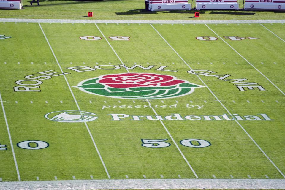The 2024 Rose Bowl Game logo at midfield of the college football playoff semifinal game at Rose Bowl.