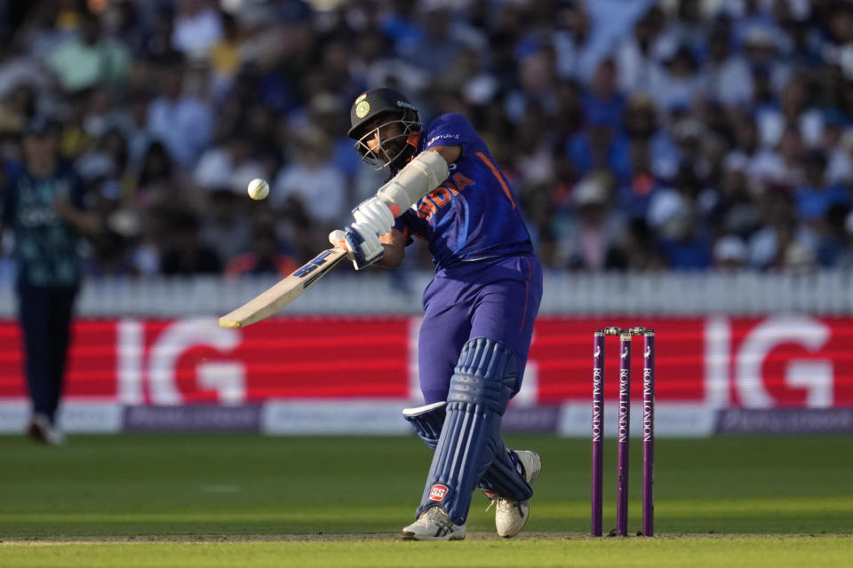 India's Mohammed Shami hits a shot during the second one day international cricket match between England and India at Lord's cricket ground in London, Thursday, July 14, 2022. (AP Photo/Matt Dunham)