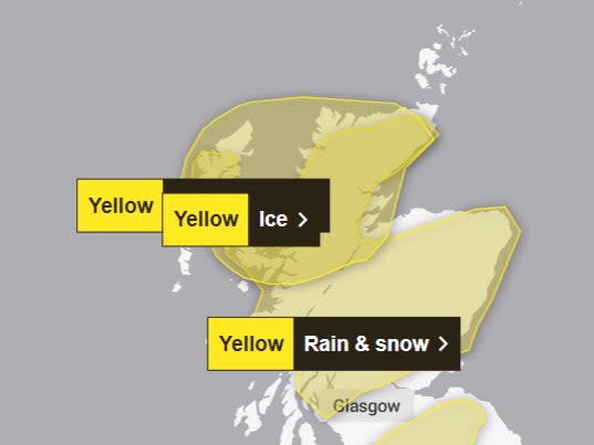 Map shows areas under yellow weather warnings (Met Office)