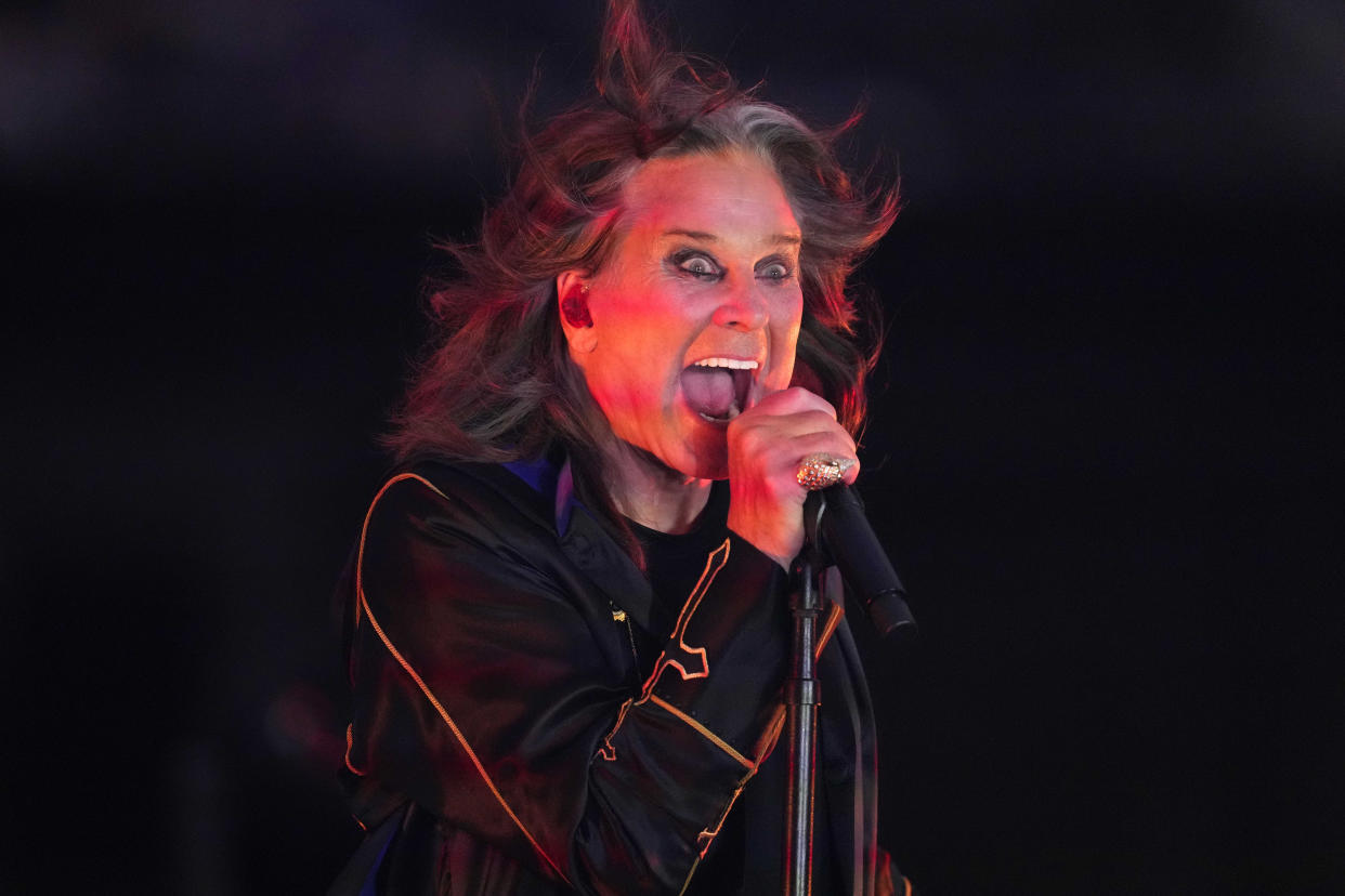 Sep 8, 2022; Inglewood, California, USA; Recording artist Ozzy Osbourne performs during the game between the Buffalo Bills and the Los Angeles Rams at SoFi Stadium.  Mandatory Credit: Kirby Lee-USA TODAY Sports