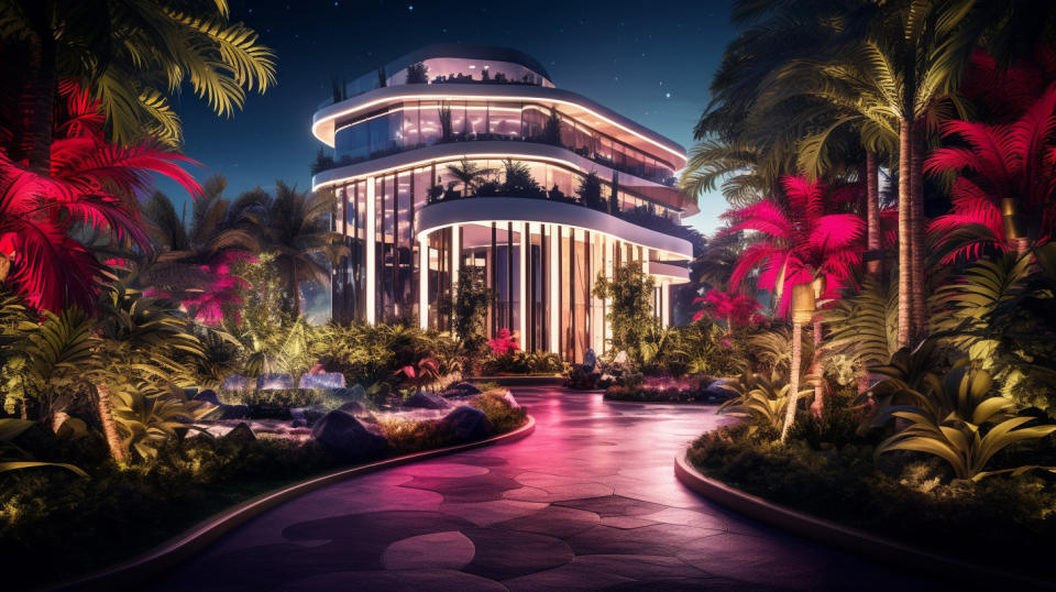 A luxurious casino entrance surrounded by lush landscaping and vibrant lights.