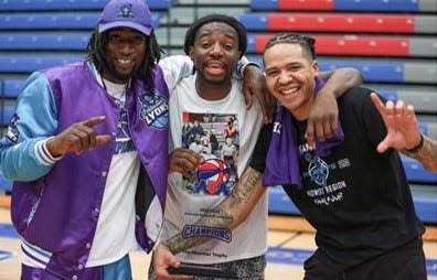 The original members of the Indiana Lyons, an ABA franchise founded in 2018. From left, Mike Pugh, Kendric Lee and Michael Carter.