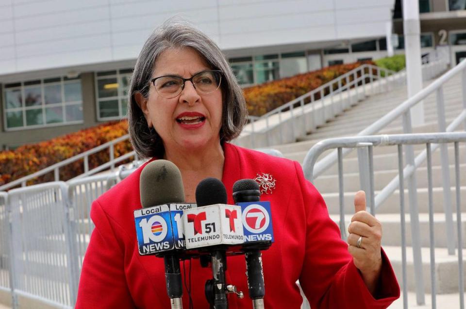 Miami-Dade Commissioner Daniella Levine Cava speaks during a press conference outside of the American Airlines Arena on “Miami-Dade County Mayor Carlos Gimenez’s clear power grab over elections oversight” on Saturday, September 5, 2020
