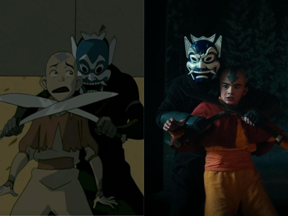 left: the blue spirit crosses his swords over aang's throat in the original cartoon, and aang looks stricken; right: the blue spirit cross his his swords over a fearful aang's throat