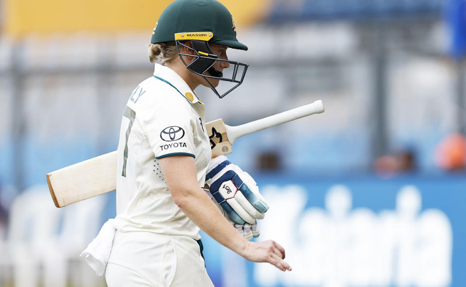 Alyssa Healy, pictured here after her dismissal in the second innings of the women's cricket Test against India.