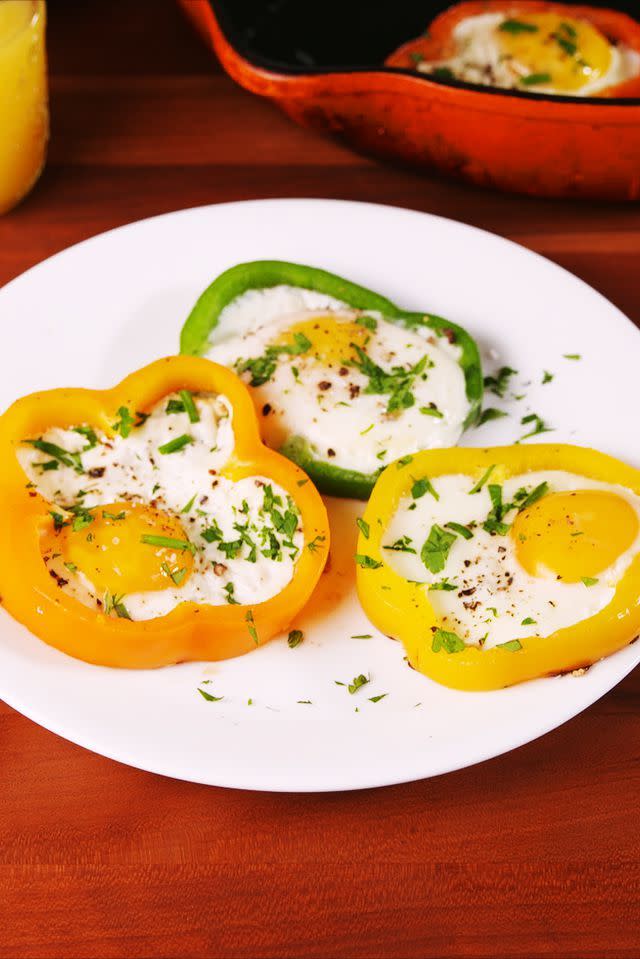 <p>Up your egg in a hole game.</p><p>Get the recipe from <a href="https://www.delish.com/cooking/recipe-ideas/a19425431/bell-pepper-eggs-recipe/" rel="nofollow noopener" target="_blank" data-ylk="slk:Delish;elm:context_link;itc:0;sec:content-canvas" class="link ">Delish</a>. </p>