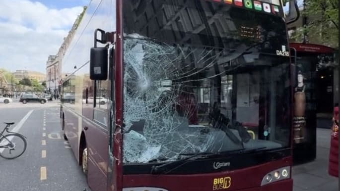 A bus was seen with a smashed window after a number of horses raced through London colliding with vehicles. (TikTok/DeonEmLondres)