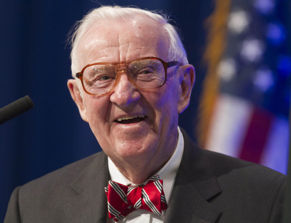 FILE - In this May 30, 2012, file photo, former U.S. Supreme Court Justice John Paul Stevens speaks at a lecture presented by the Clinton School of Public Service in Little Rock, Ark. Stevens, the bow-tied, independent-thinking, Republican-nominated justice who unexpectedly emerged as the Supreme Court's leading liberal, died Tuesday, July 16, 2019, in Fort Lauderdale, Fla., after suffering a stroke Monday. He was 99. (AP Photo/Danny Johnston, File)