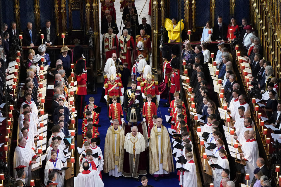 King Charles III inside Westminster Abbey on the day of his coronation.<span class="copyright">Andrew Matthews—PA Wire/AP</span>