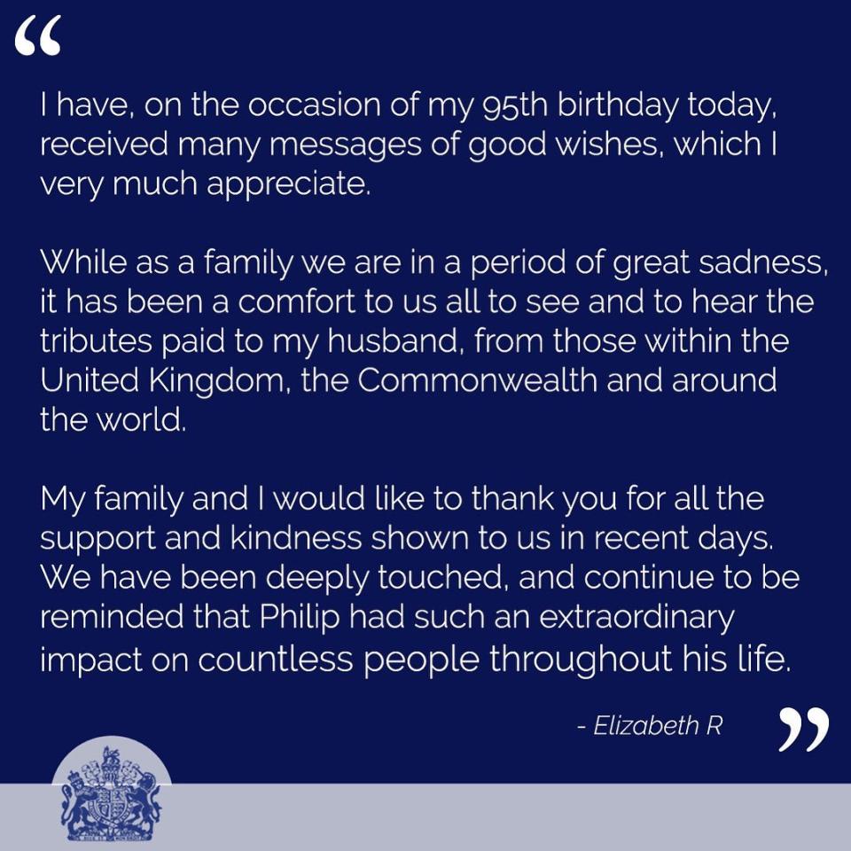 Buckingham Palace shared a solemn message on behalf of the Queen on her 95th birthday. Photo: Instagram/theroyalfamily.