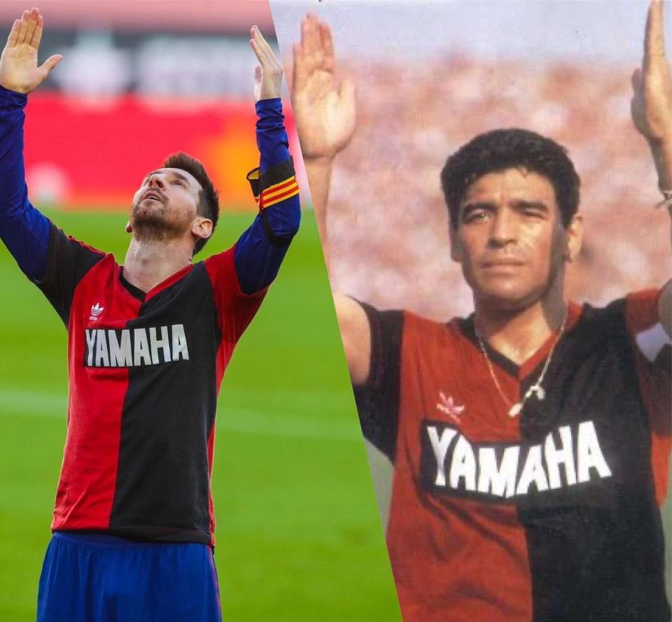梅西（左）致敬馬拉度納（右）的行為因違反足球規則遭罰。（翻攝自梅西臉書）